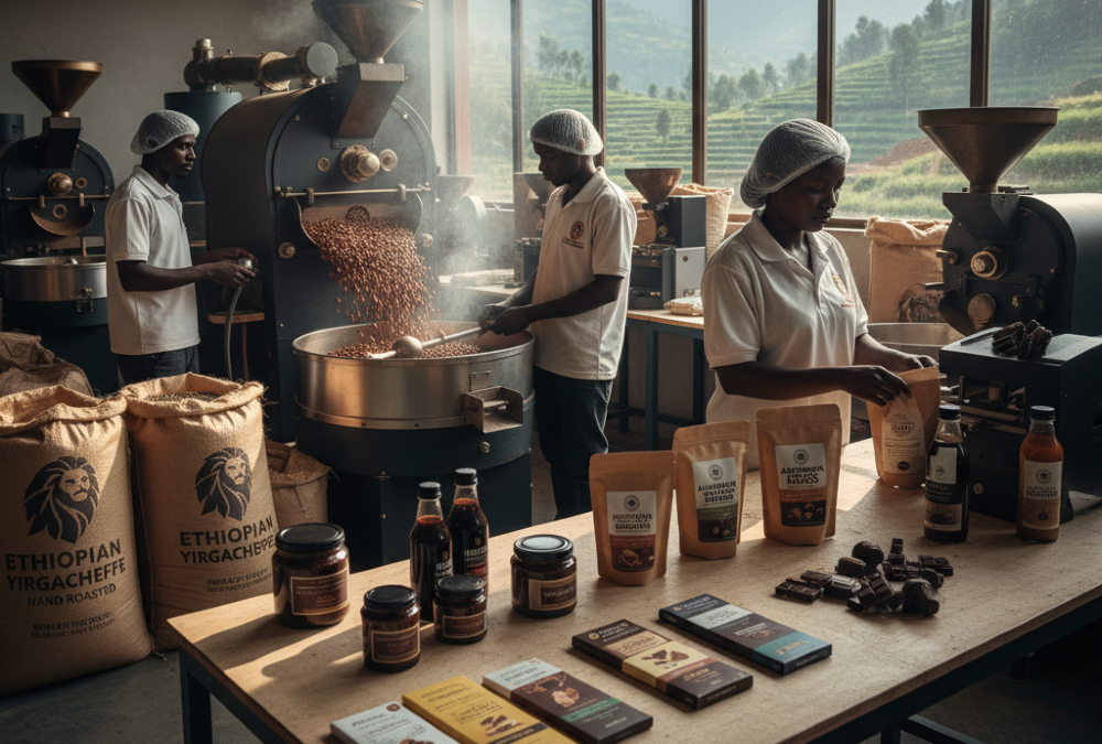 Coffee roasting facility in Africa producing value-added coffee products.