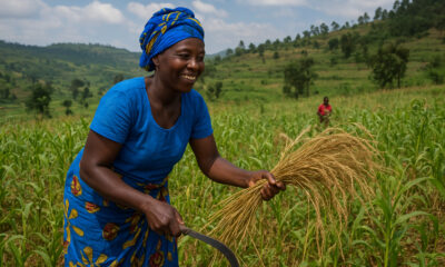Rwandan farmer harvesting crops in a rural field, symbolizing agricultural development challenges and opportunities under the AfCFTA framework in Africa.