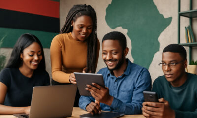 Young Africans collaborating across borders through digital technology, symbolizing the new Pan-Africanism driven by youth innovation, startups, and diaspora investment