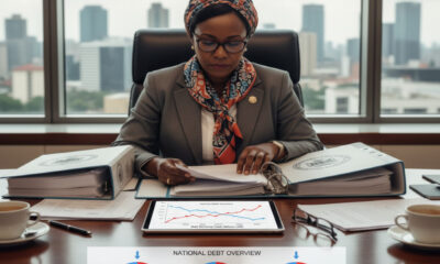 African finance minister reviewing national budget documents, highlighting rising debt servicing costs despite falling Debt-to-GDP ratios, with charts showing fiscal pressures on health, education, and infrastructure spending.