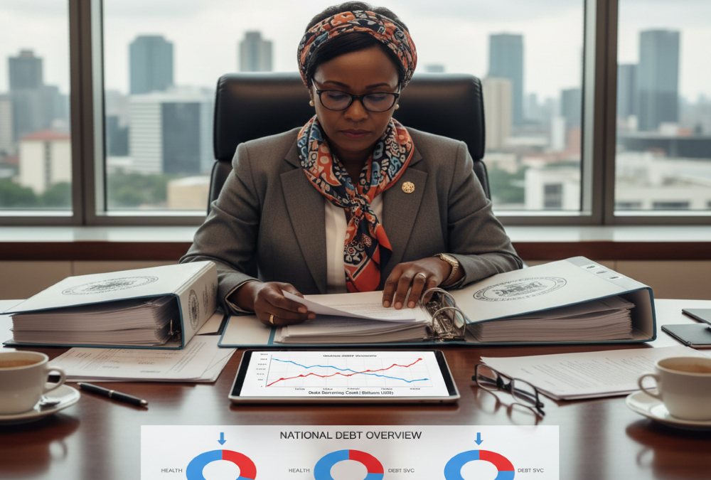 African finance minister reviewing national budget documents, highlighting rising debt servicing costs despite falling Debt-to-GDP ratios, with charts showing fiscal pressures on health, education, and infrastructure spending.