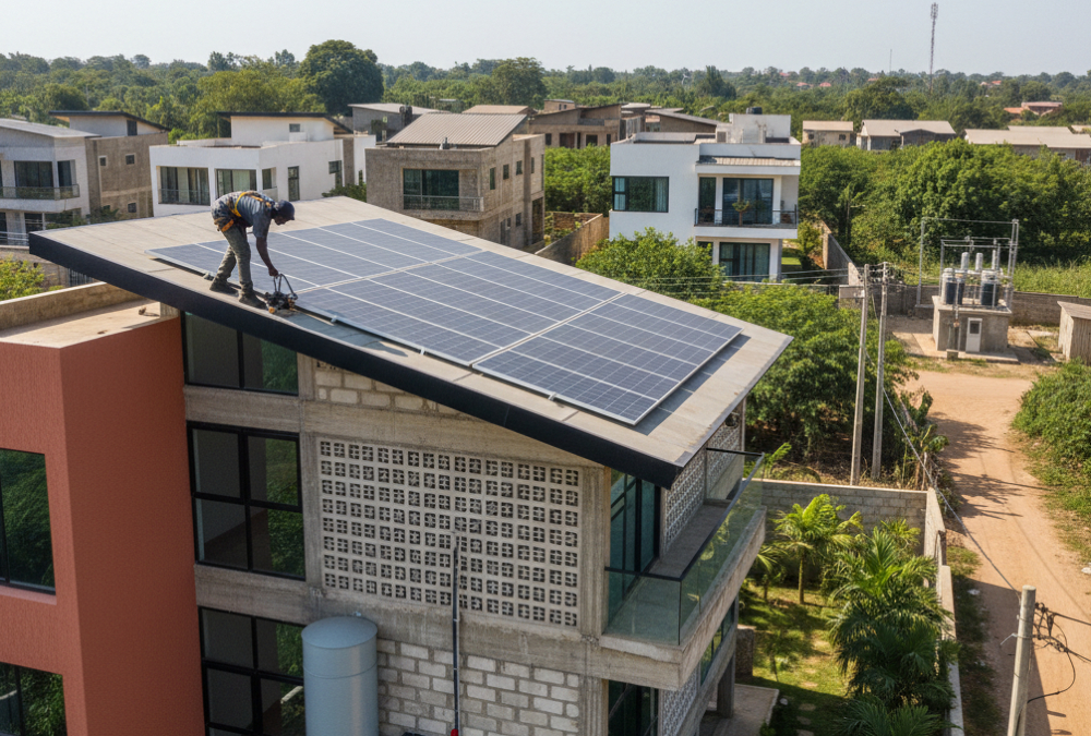 Illustration of a technician installing solar panels on an African home, providing clean energy access through decentralized renewable systems