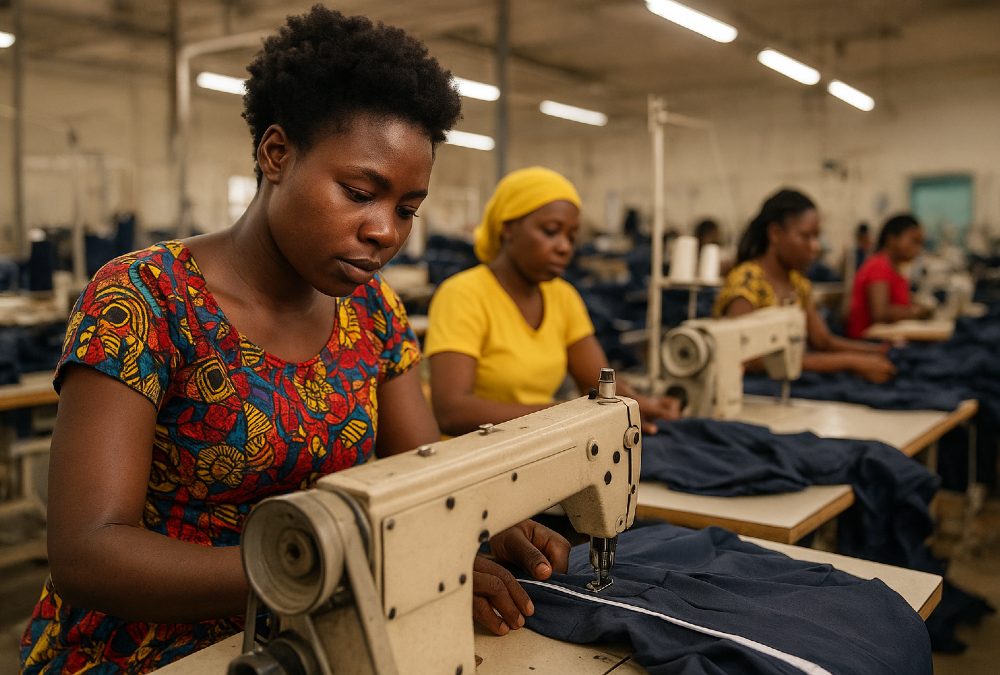 African textile factory workers assembling clothing for export to the United States under AGOA, supporting jobs and economic growth in Sub-Saharan Africa through preferential trade access.