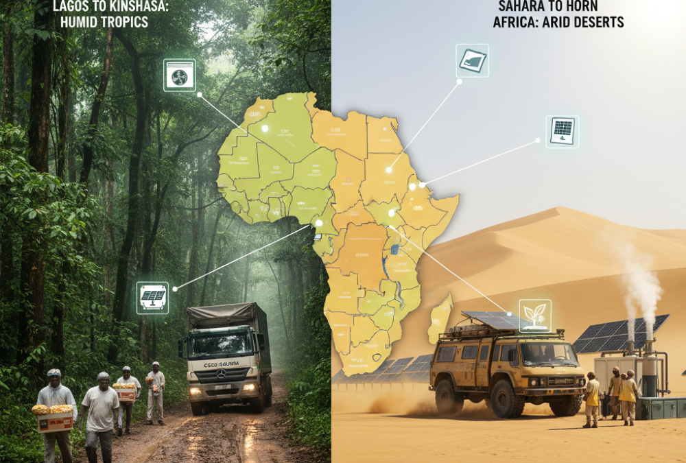 Map of Africa showing diverse climate zones including tropical, arid, and temperate regions, illustrating how climate shapes market strategy for business expansion and product adaptation across the continent.