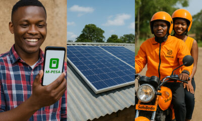 African innovation in action: M-Pesa mobile payments, off-grid solar panels, and SafeBoda transport showcasing scalable, homegrown solutions designed for local communities.