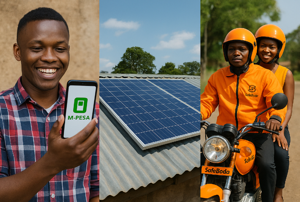 African innovation in action: M-Pesa mobile payments, off-grid solar panels, and SafeBoda transport showcasing scalable, homegrown solutions designed for local communities.