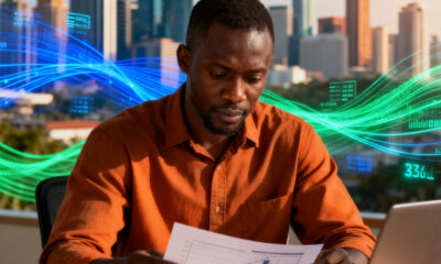 African entrepreneur reviewing business plans with a city skyline and digital data streams in the background, symbolizing local ownership of Africa's economic future.