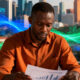 African entrepreneur reviewing business plans with a city skyline and digital data streams in the background, symbolizing local ownership of Africa's economic future.