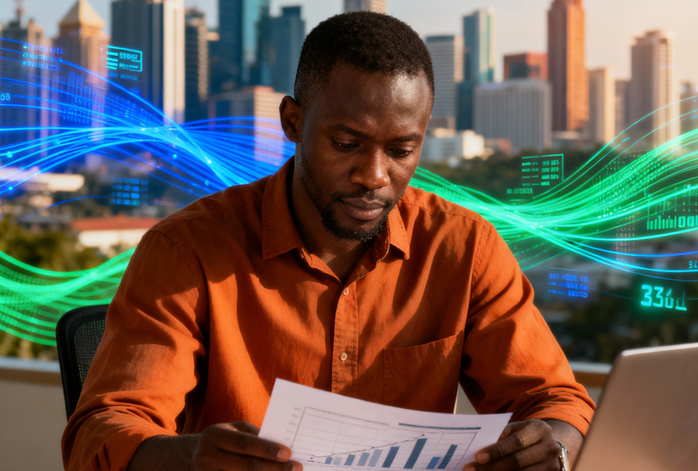 African entrepreneur reviewing business plans with a city skyline and digital data streams in the background, symbolizing local ownership of Africa's economic future.