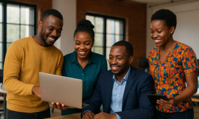 African entrepreneurs collaborating in a tech hub, symbolizing the continent's shift from foreign aid dependency to innovation-driven economic independence through trade and investment.