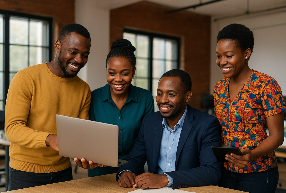 African entrepreneurs collaborating in a tech hub, symbolizing the continent's shift from foreign aid dependency to innovation-driven economic independence through trade and investment.
