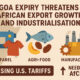 Illustration of African exports affected by AGOA expiry, showing apparel, agri-food products, and manufactured goods with rising U.S. tariffs, highlighting the need for AfCFTA and export diversification.