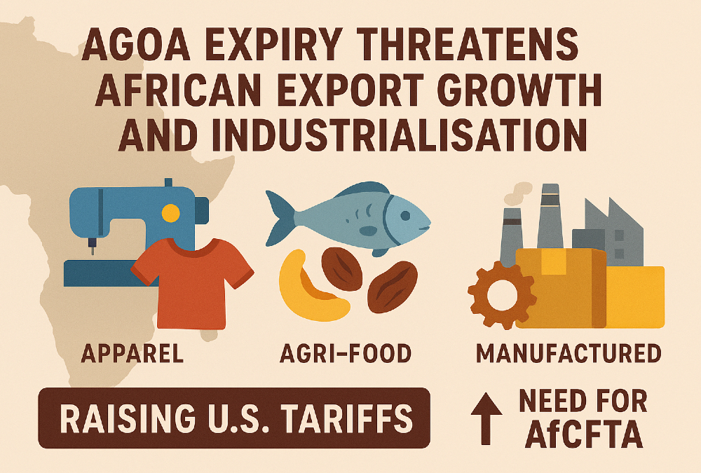 Illustration of African exports affected by AGOA expiry, showing apparel, agri-food products, and manufactured goods with rising U.S. tariffs, highlighting the need for AfCFTA and export diversification.