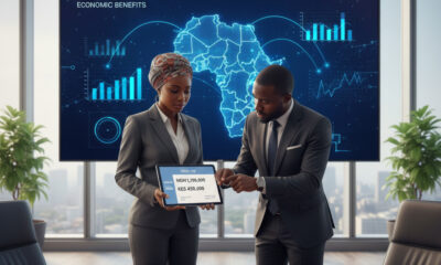 Nigerian and Kenyan executives review a digital invoice in local currencies, highlighting Africa’s push for regional trade and financial independence under AfCFTA.
