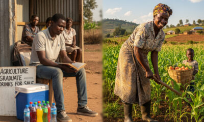 Contrast between an unemployed agriculture graduate selling drinks at a bus stop and a hands-on farmer cultivating crops in Africa.