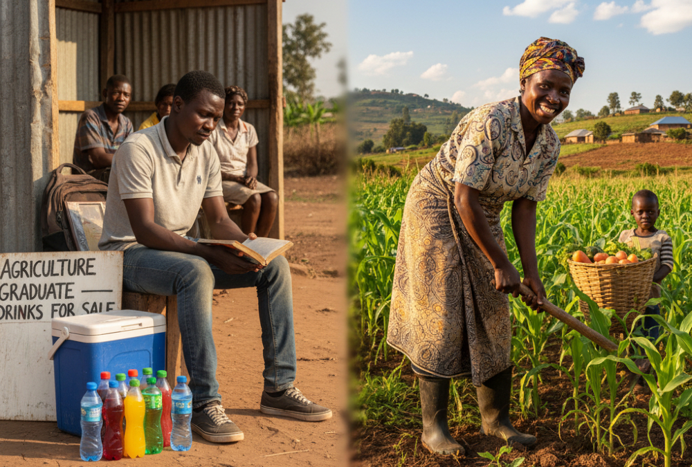 Contrast between an unemployed agriculture graduate selling drinks at a bus stop and a hands-on farmer cultivating crops in Africa.