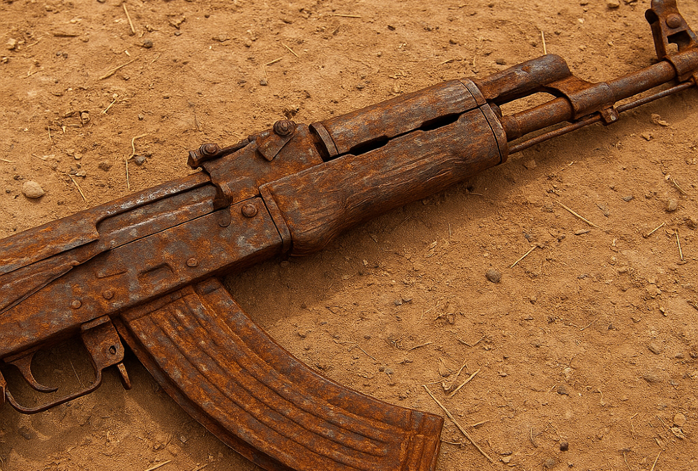 A close-up of a rusted Kalashnikov-style rifle (AK-47) lying on dry, dusty ground, symbolizing the widespread proliferation of small arms and conflict in Africa's Sahel region.
