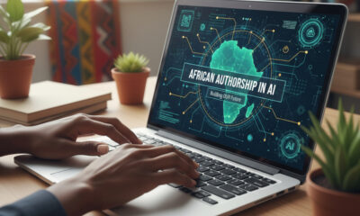 African hands typing on a laptop with AI interface, symbolizing the need for African authorship in artificial intelligence development rather than passive adoption.