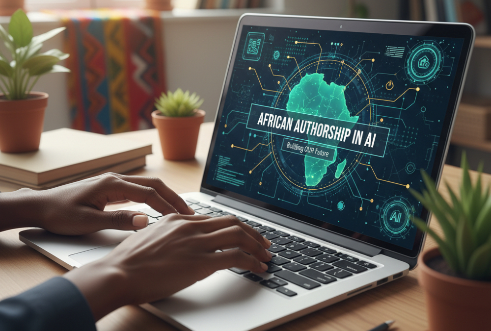 African hands typing on a laptop with AI interface, symbolizing the need for African authorship in artificial intelligence development rather than passive adoption.
