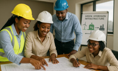 African energy professionals in training, diverse team collaborating on sustainable energy project, women engineers working in Africa's oil and gas sector, green hydrogen infrastructure development in Africa, capacity-building workshop for local energy talent.