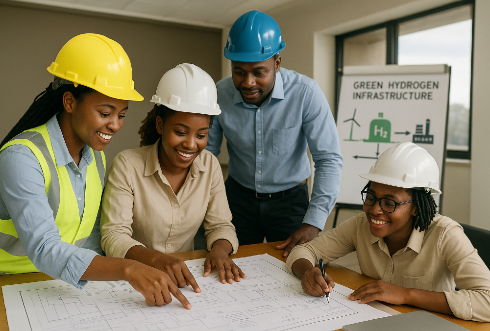 African energy professionals in training, diverse team collaborating on sustainable energy project, women engineers working in Africa's oil and gas sector, green hydrogen infrastructure development in Africa, capacity-building workshop for local energy talent.