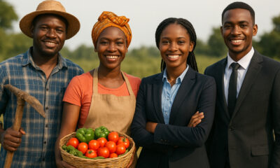 African citizens from different walks of life - farmers, market vendors, and young professionals - representing the need for inclusive economic opportunities across society.