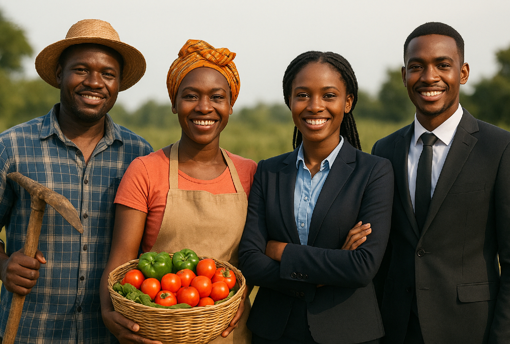African citizens from different walks of life - farmers, market vendors, and young professionals - representing the need for inclusive economic opportunities across society.