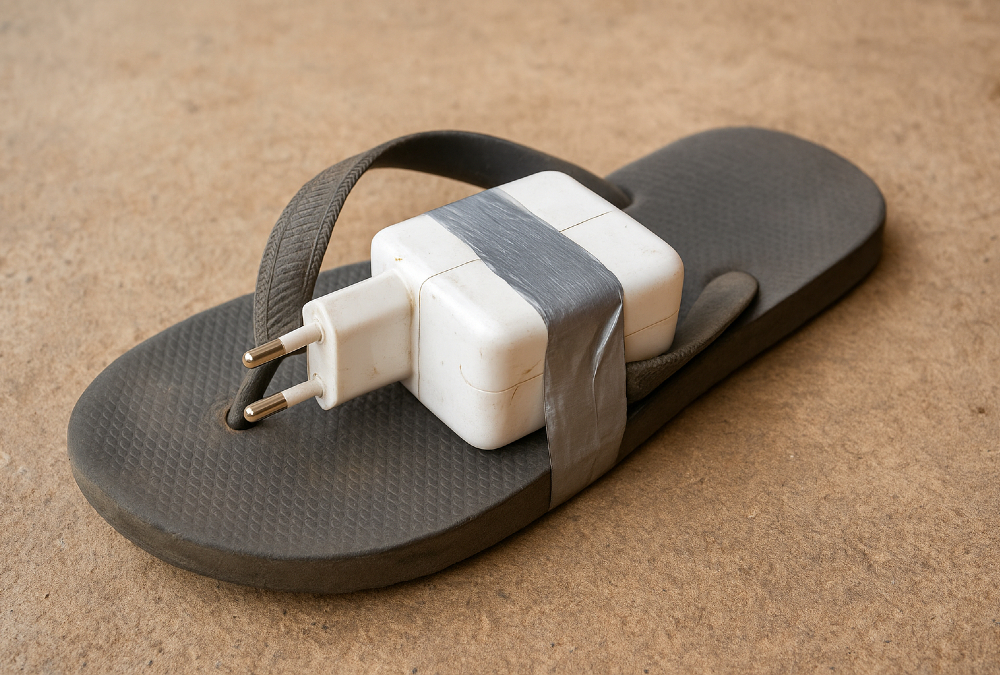 A portable power adapter duct-taped to a flip-flop sandal - symbolizing African innovation under constraints, where resourcefulness solves real problems with limited resources.