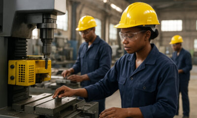 African workers operating machinery in a modern factory, representing the continent’s push toward industrialization and economic transformation.