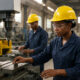 African workers operating machinery in a modern factory, representing the continent’s push toward industrialization and economic transformation.