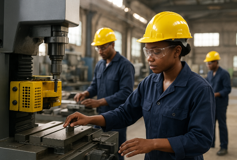 African workers operating machinery in a modern factory, representing the continent’s push toward industrialization and economic transformation.
