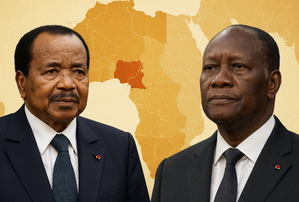 Paul Biya and Alassane Ouattara highlighting Africa’s leadership succession challenges and political stability concerns in Cameroon and Ivory Coast.