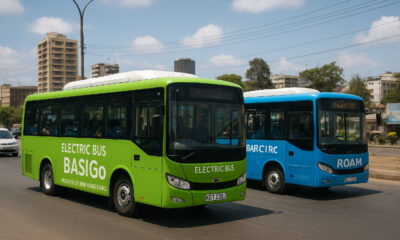 Electric buses by BasiGo and Roam operating in Nairobi, Kenya, powered by renewable energy as part of the country’s EV job growth initiative.