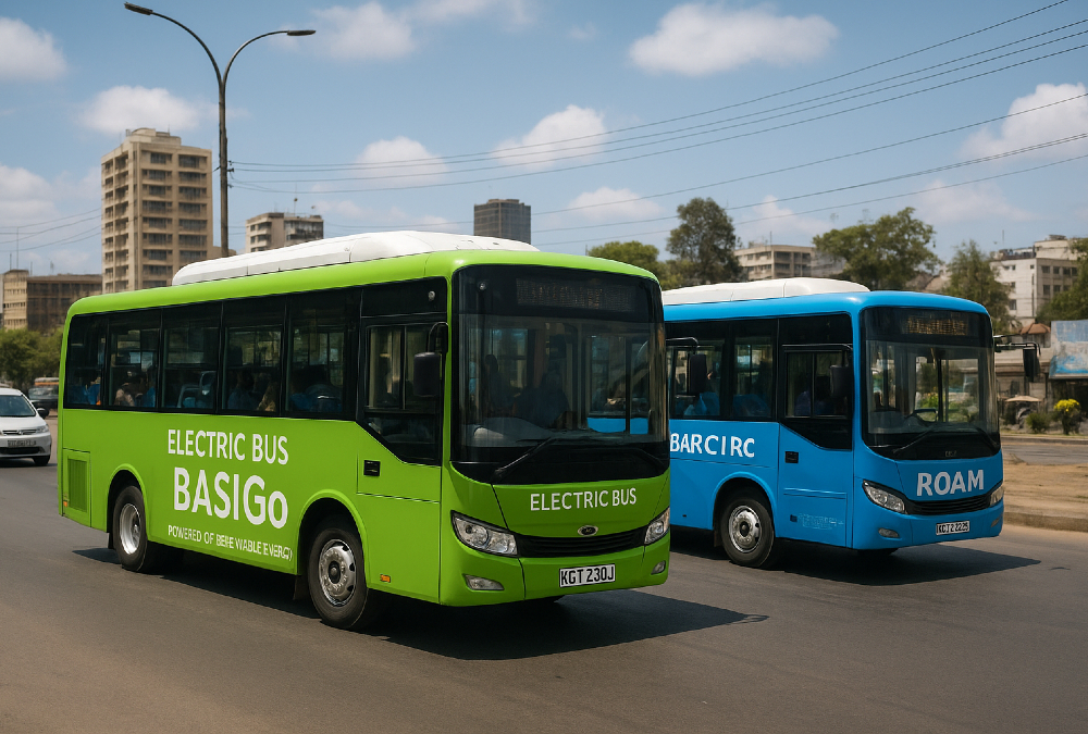 Electric buses by BasiGo and Roam operating in Nairobi, Kenya, powered by renewable energy as part of the country’s EV job growth initiative.