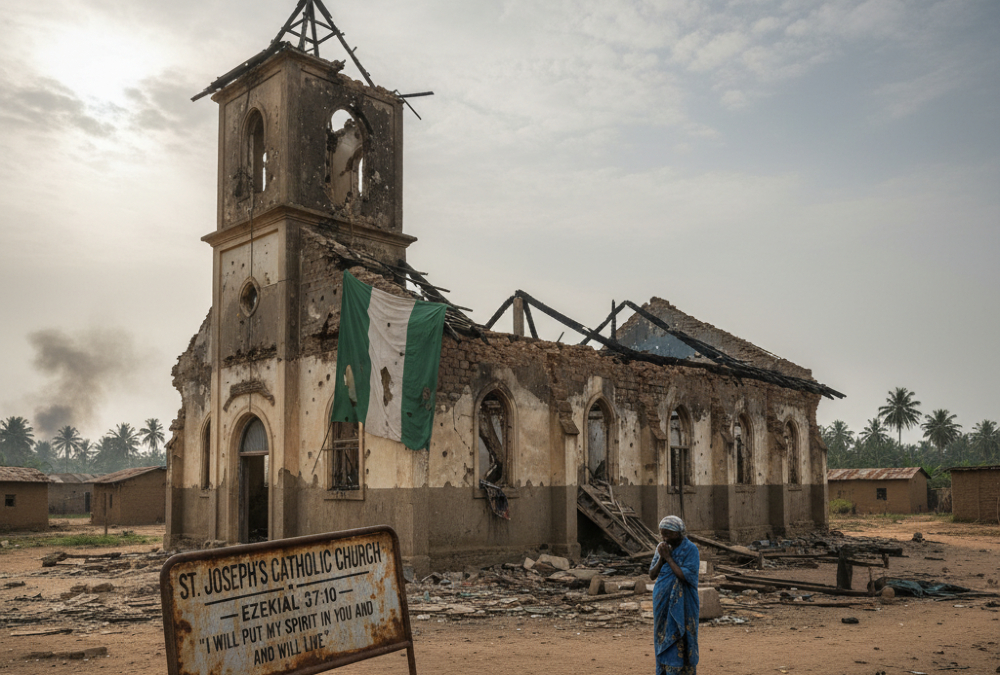 Nigerian church damaged by extremist violence, symbolizing the ongoing persecution of Christians amid Boko Haram and ISWAP insurgencies.
