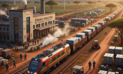African railway and factory symbolizing a shift from colonial extraction to value-driven, homegrown economic development.