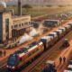 African railway and factory symbolizing a shift from colonial extraction to value-driven, homegrown economic development.