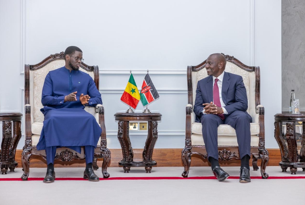 Senegalese President Bassirou Diomaye Faye and Kenyan President William Ruto at State House, Nairobi, marking the signing of a 90-day visa-free travel agreement between Kenya and Senegal.