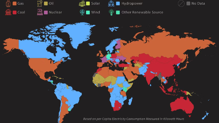 Map of Africa showing energy sources by country: blue for hydropower, orange for gas, red for coal, yellow for solar, and cyan for wind—highlighting regional energy transition opportunities.