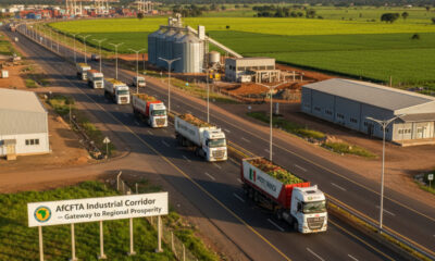 Cargo trucks on a modern African highway near an agro-processing zone, symbolizing industrial corridor development and regional economic growth under AfCFTA.