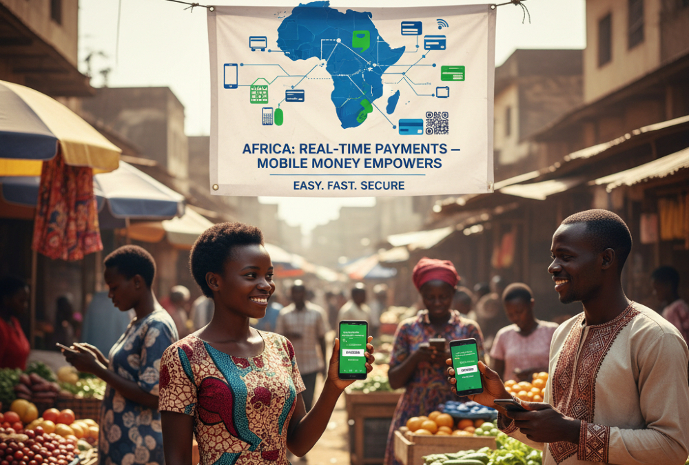 Illustration of Africa’s real-time payment ecosystem showing mobile money usage, digital transactions, and fintech innovation across Nigeria, Kenya, and South Africa.