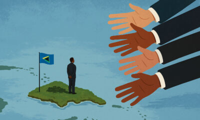 Illustration of small Caribbean states navigating global power dynamics, highlighting sovereignty challenges and the influence of larger nations in international affairs.