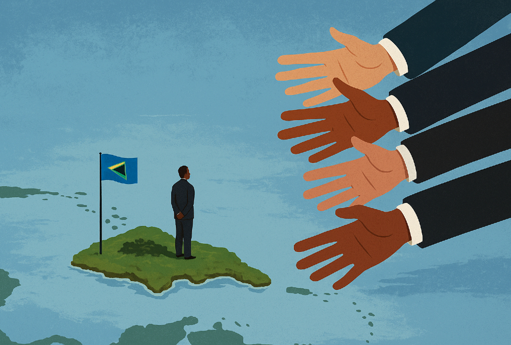 Illustration of small Caribbean states navigating global power dynamics, highlighting sovereignty challenges and the influence of larger nations in international affairs.