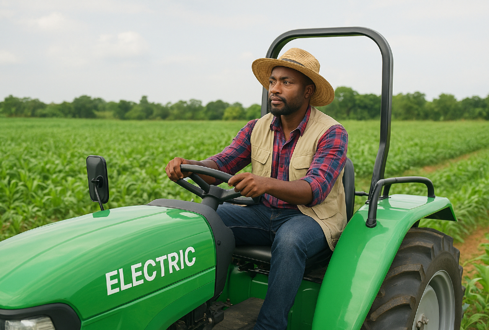 Electric tractor plowing a field in rural Africa, symbolizing sustainable mechanization, youth empowerment, and climate-smart agriculture for smallholder farmers.
