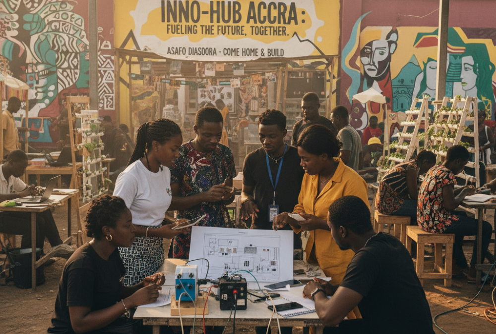 Vibrant African startup ecosystem in Accra, Ghana—highlighting grassroots innovation that demands proximity, not just capital, from the diaspora.