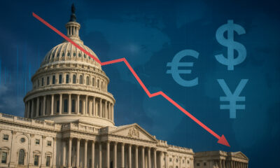 Image depicting the US Capitol with a backdrop of economic charts and global currency symbols, symbolizing America’s rising debt crisis and declining global influence.