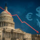 Image depicting the US Capitol with a backdrop of economic charts and global currency symbols, symbolizing America’s rising debt crisis and declining global influence.