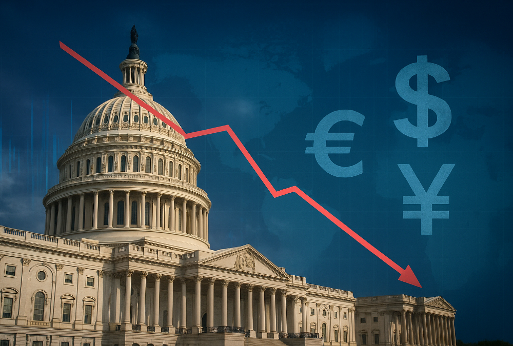 Image depicting the US Capitol with a backdrop of economic charts and global currency symbols, symbolizing America’s rising debt crisis and declining global influence.