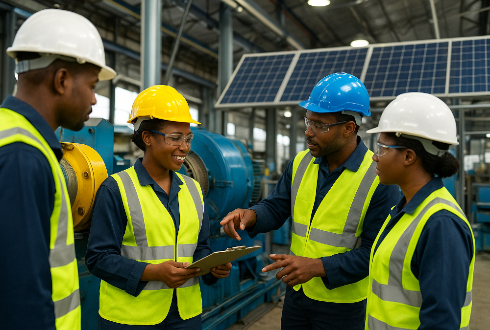 African industrial workers and engineers collaborate at a modern factory powered by renewable energy, symbolizing Africa’s shift from extractive infrastructure to value-driven industrial growth and economic transformation.