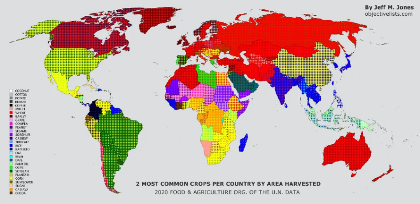 Map of Africa and global regions showing dominant crops like cassava, maize, millet, wheat, rice, and soybeans, highlighting agricultural diversity and business opportunities.